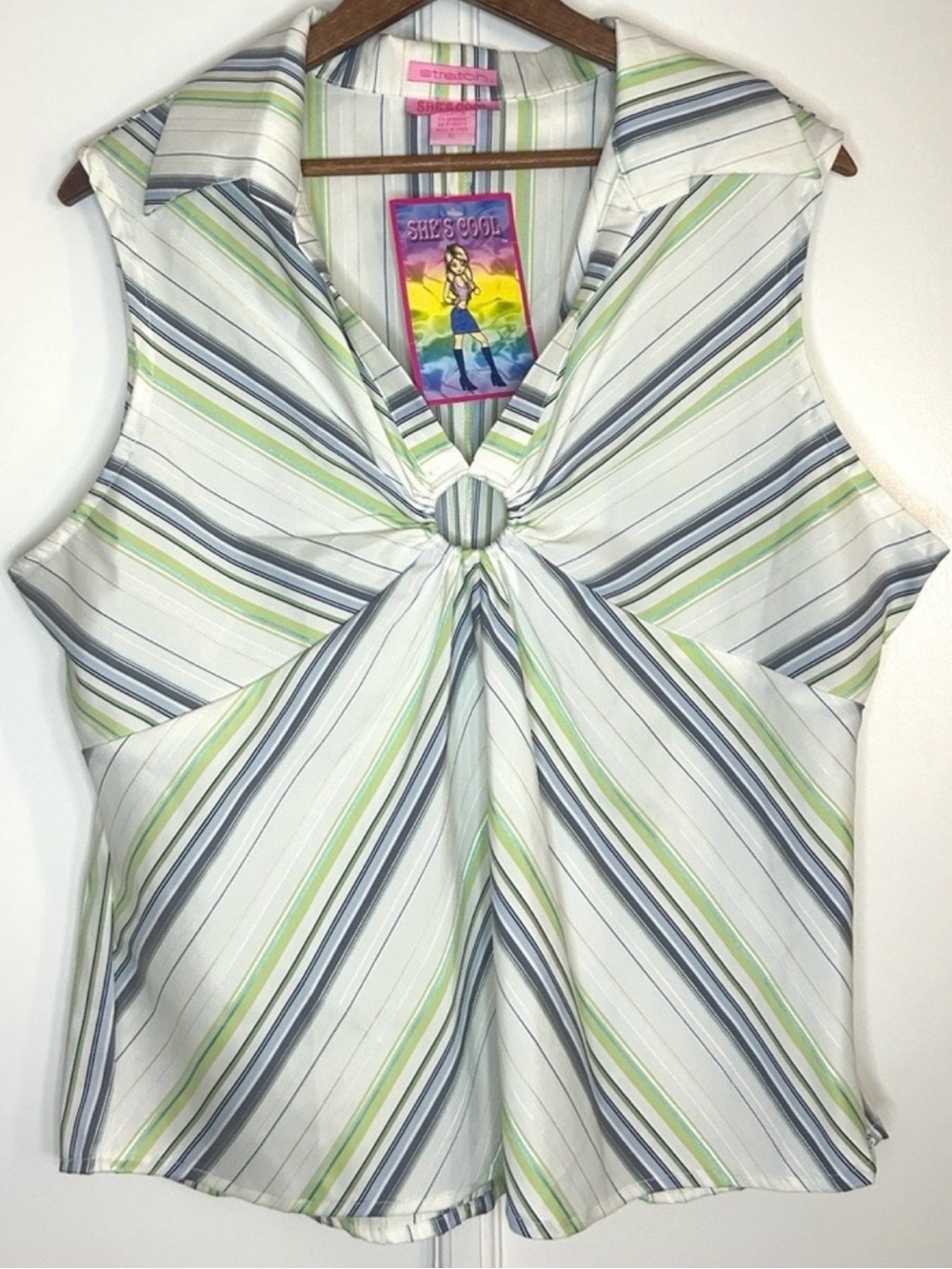 She's Cool Sleeveless Ring-Stripe Top — White, Green & Gray